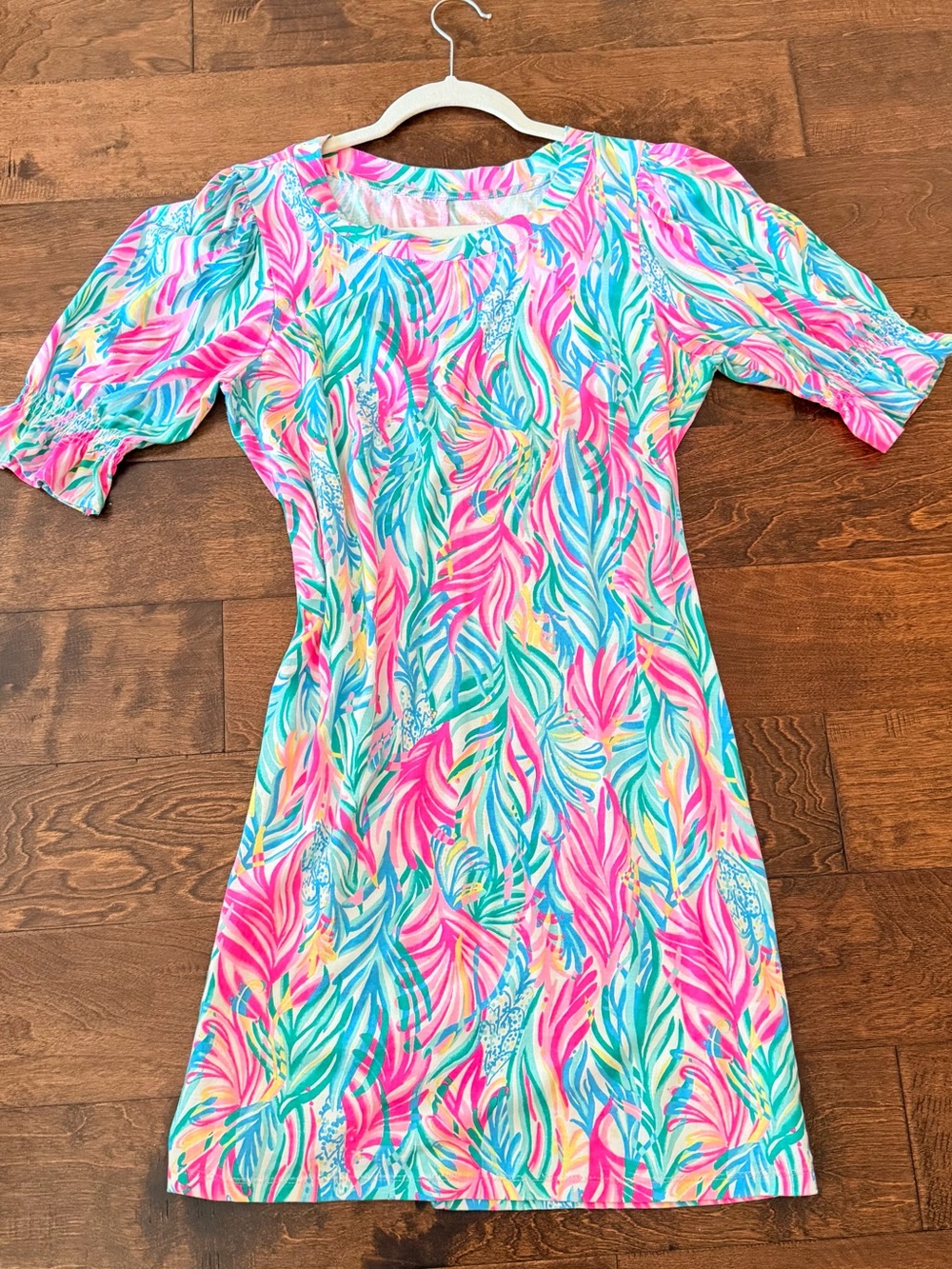 Lilly Pulitzer Pink, Teal & Yellow Tropical Mini Dress. 100% cotton.
